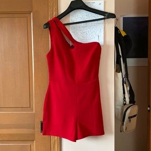 red one-shoulder romper
